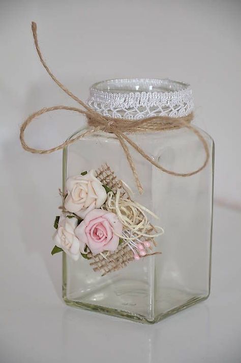 Deco Champetre, Tin Can Crafts, Jar Art, Diy Jar Crafts, Diy Bottle Crafts, Mason Jar Crafts Diy, Shabby Chic Crafts, Glass Bottle Crafts, Jar Diy