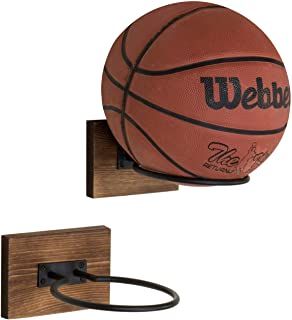 Sports Memorabilia Display, Soccer Room Decor, Basketball Holder, Football Holder, Sports Equipment Storage, Soccer Room, Wood And Black Metal, Basketball Room, Memorabilia Display