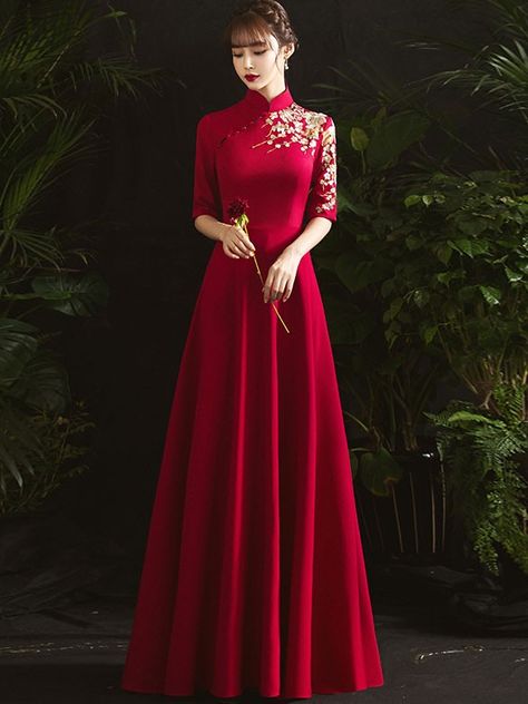 Cheongsam Wedding Dress, Wedding Dresses Xl, Cheongsam Wedding, Wedding Cheongsam, Qipao Wedding, Cheongsam Modern, Qipao Cheongsam, Fit And Flare Skirt, Qipao Dress