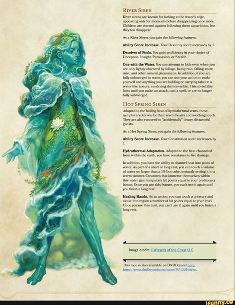 Unique Mythical Creatures, Fae Races Dnd, Water Druid Dnd, Dnd Fae Character, Dnd Asamir, D&d Creatures, Siren Dnd, Sea Elf Dnd, Mythical Races