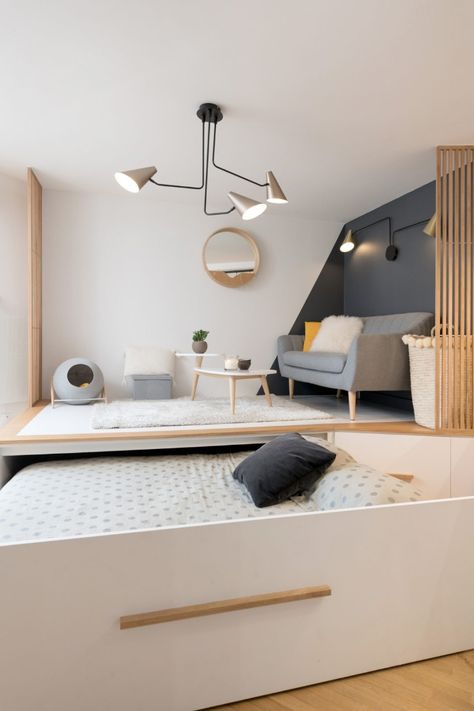 Living In A Shoebox Space Saving, One Room Apartment Bed, Bed Hacks For Small Rooms, Living Room With Bed Ideas, Smart Design Studio, Bed And Living Room In One, Small Studio Ideas Tiny Apartments, Bed In Living Room Ideas Tiny Apartments, Beds For Studio Apartments