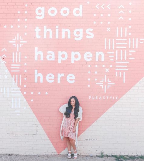 ✨Good Things Happen Here✨ #goodthings #sundays #pink #instastyle #chattanoogablogger #weekendvibes Good Things Happen Here Mural, Instagram Walls Ideas, Wall Murals Outdoor, Instagram Wall Ideas, Good Things Are Happening, Numbers Wallpaper, Instagram Walls, Instagram Wall Art, Outdoor Murals