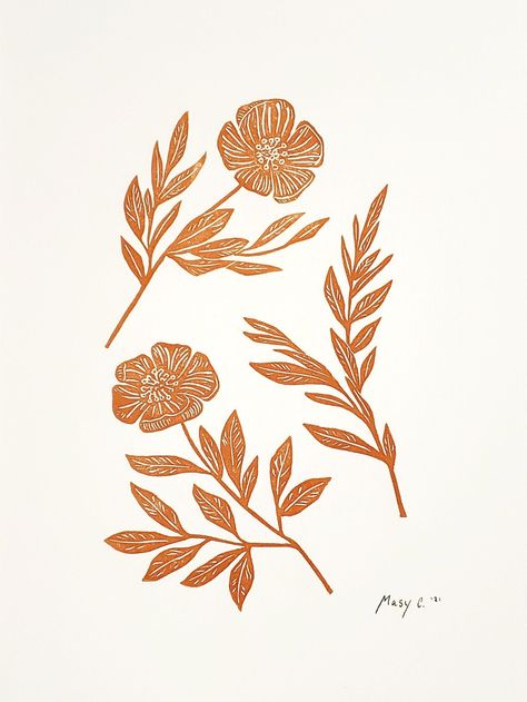 Poppy Block Print, Sunflower Block Print, Orange Botanical Illustration, Marigold Block Print, Dahlia Linocut, Linoleum Block Printing, Wall Art Botanical, Rust Orange, Mural Floral