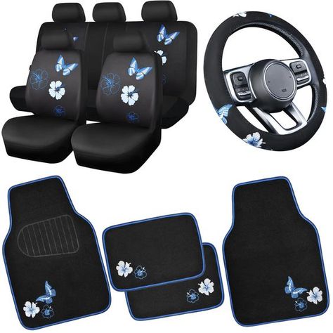 PRICES MAY VARY. High Quality Materials:Our black and blue butterfly seat covers can well protect your car interior from stains, spills and daily wear and tear. handmade embroidery butterfly and flower car floor mats with embroidered butterfly steering wheel cover very beautiful and comfortable. Match your interior look perfectly. Complete Car Interior Accessories:Includes a full set of butterfly seat covers, 4 butterfly floor mats and a embroidered butterfly steering wheel cover to give your ca Butterfly Car Decor, Butterfly Car Accessories, Blue Car Accessories, Car Seat Covers Full Set, Embroidery Butterfly, Car Things, Flower Car, Cute Car Accessories, Embroidered Butterfly