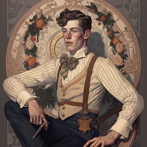 Art Nouveau Fanart, Art Nouveau Men, Art Nouveau Fashion, Ballet Boys, Mucha Art, Around The World In 80 Days, Male Art, Mens Costumes, Dnd Characters