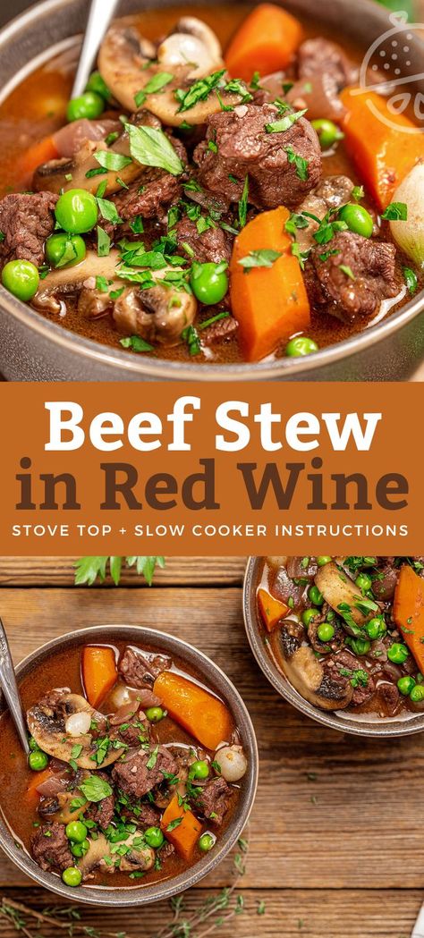 Hearty Beef Stew with Red Wine is made with chunks of beef chuck and vegetables stewed in a silky and rich red wine sauce, until meltingly tender and outrageously delicious. This crowd-pleasing red wine beef stew recipe is the perfect comfort food dish to enjoy during cold winter nights. Stove top/oven and slow cooker instructions provided! #lemonblossoms #stew #bourguignon #crockpot #slowcooker #recipe Beef Stew With Red Wine Crockpot, Crockpot Beef Stew With Wine, Chili With Red Wine, Beef Stew Crock Pot Recipes Red Wine, Slow Cooker Red Wine Beef Stew, Stew Meat Recipes Red Wine, Red Wine Stew Crockpot, Beef Stew In Red Wine Sauce, Seasonings For Beef Stew