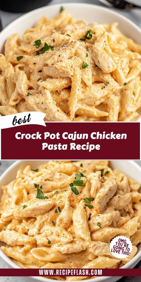 Looking for a flavorful meal that practically cooks itself? This Crock Pot Cajun Chicken Pasta Recipe is a perfect blend of spices and creamy goodness! Enjoy effortless cooking while savoring a delicious dish. Save this recipe for your next family dinner or cozy night in! Crock Pot Cajun Chicken, Crock Pot Cajun, Easy Cajun Chicken Pasta, Cajun Chicken Pasta Recipe, Cajun Chicken Pasta Recipes, Crockpot Pasta Recipes, Crockpot Pasta, Cajun Pasta, Creamy Chicken Pasta