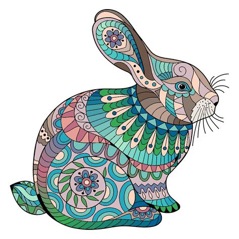 Rabbit Mandala Art, Rabbit Zentangle, Zentangle Animals Art, Mandala Animals, Animal Mandala Coloring Pages, Rabbit Alebrije, Whimsical Art Paintings, Mandala Art Lesson, African Art Paintings