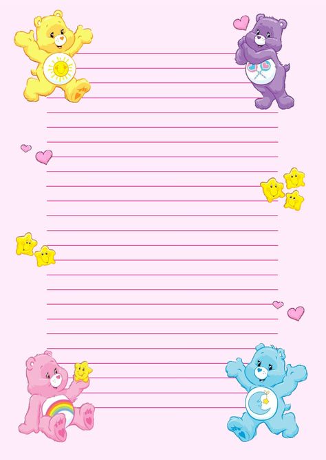 🐻💗 Free Printable Stationery Paper, Pink Scrapbook Paper, Care Bears Birthday Party, Care Bear Party, Care Bear Birthday, Disney Princess Coloring Pages, Writing Paper Printable Stationery, Care Bears Cousins, Free Printable Stationery