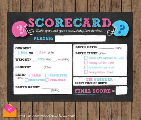 Football Scorecard - Baby Predictions Game - Contest - Gender Reveal Party - PRINTABLE - Personalized w/Baby's Last Name Football Gender Reveal Invitations, Football Gender Reveal Party, Finding Out Baby Gender, Football Gender Reveal, Christmas Gender Reveal, Baby Prediction Cards, Gender Reveal Party Games, Baby Predictions, Gender Reveal Party Theme