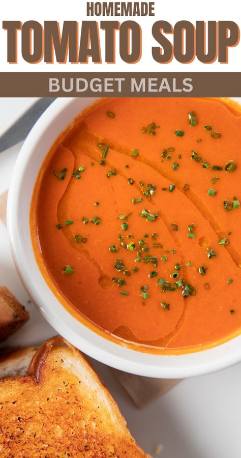 Looking for a budget-friendly meal idea? Try our homemade tomato soup recipe! With just a few simple ingredients, you can whip up a velvety, creamy, and tangy soup that hits the spot every time. The secret? Crushed canned tomatoes add a rich and savory flavor. Pair it with homemade croutons and a grilled cheese sandwich for the ultimate comfort meal that won't break the bank. Click here for the full recipe and satisfy your hunger today! Simple Homemade Tomato Soup, Easy Homemade Tomato Soup, Homemade Tomato Soup Recipe, Homemade Tomato Soup, Tomato Soup Homemade, Loaded Potato Soup, Tomato Soup Recipe, Milk Dessert, Canned Tomatoes