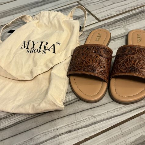 Women’s Myra Tooled Leather Sandals Slides. Never Worn! Comes With The Cloth Bag. These Are So Beautiful But Unfortunately Don’t Fit Me. Nonsmoking Home. Tooled Leather Sandals, The Cloth, Cloth Bag, Tooled Leather, Leather Tooling, So Beautiful, Cloth Bags, Leather Sandals, Slides