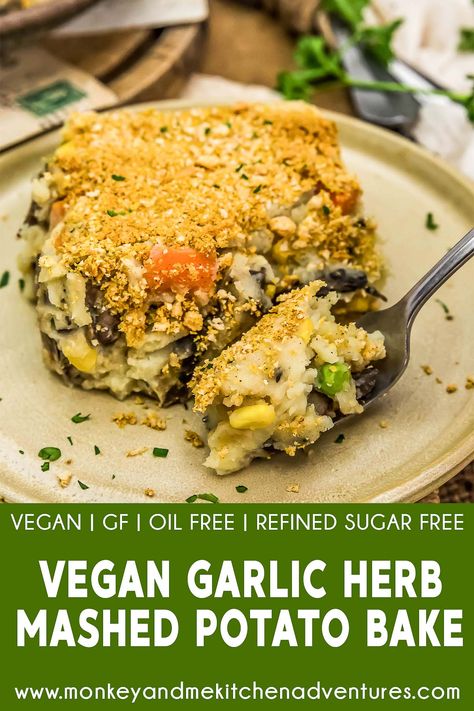 Vegan Potato Toppings, Vegan Potatoes, Potato Recipes Vegan, Garlic Herb Mashed Potatoes, Vegan Casserole Recipes, Vegan Potato Recipes, Vegan Casserole, Sugar Free Vegan, Vegan Potato