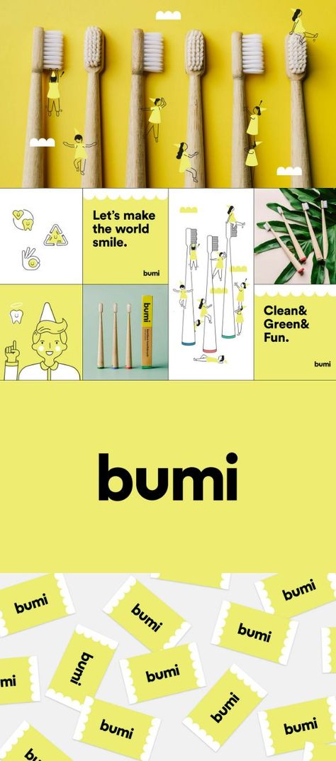 Awesome brand identity for Bumi, a eco-friendly personal care brand that believes in making the world smile. Designed by the talented people at Serious Studio, they are featured in our monthly Logo & Branding Inspiration blog post. Do you like this pin? Drop us a comment...and drop by our blog too for inspiration or shop for eco products 🍃😊 #logos, #logodesigninspiration, #brandinginspiration #zerowastetoothbrush Friendly Brand Identity, Sustainable Brand Identity, Eco Friendly Branding, Pin Logo Design, Green Brand Identity, Carrousel Instagram, Sustainable Branding, Friendly Branding, Design Inspiration Board