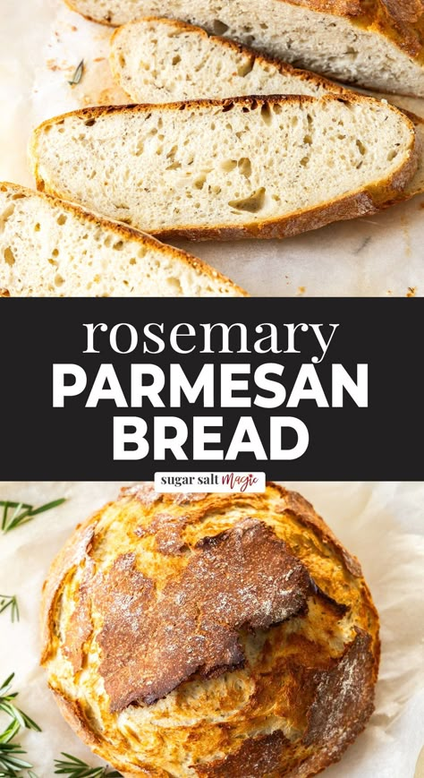 This no knead rosemary parmesan bread looks like an artisanal loaf but it's so easy to make at home. Aromatic, flavourful, a crunchy top and soft, chewy inside. Aside from being no-knead (aka so easy), this rosemary parmesan bread is full of flavour too. With as little as 1 ½ hours rising time or the amazing added flavour from an overnight rise, this gorgeous no-knead loaf results in soft, airy bread with a thick artisanal-style crust. Garlic Parmesan Dutch Oven Bread, Rosemary Parmesan Artisan Bread, Rosemary Parmesan Sourdough Bread, Macaroni Grill Rosemary Bread, Rosemary Parmesan Bread, Rosemary Garlic Bread, Rosemary Bread, Parmesan Bread, Dutch Oven Bread