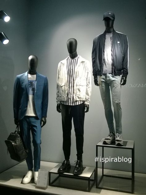 Antony Morato Turin - Spring 2022 Menswear Collection - blue garments with T-shirt, striped shirt and white jacket, grey jersey and jeans, sneakers, black shoes and backpack #antonymorato #ispirablog Mens Smart Casual Outfits, Clothing Store Design, Antony Morato, Smart Casual Men, Design Moda, Retail Experience, Smart Casual Outfit, Store Front, Menswear Collection