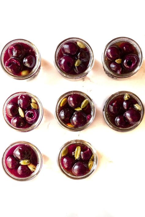 Vanilla Cardamom Bourbon Cherries - Dishing Up the Dirt Bourbon Cherries, Honey Bourbon, Cherry Pitter, Canning Tips, Cherry Season, Chin Chin, Vegetables Recipes, Food Charms, Jam And Jelly