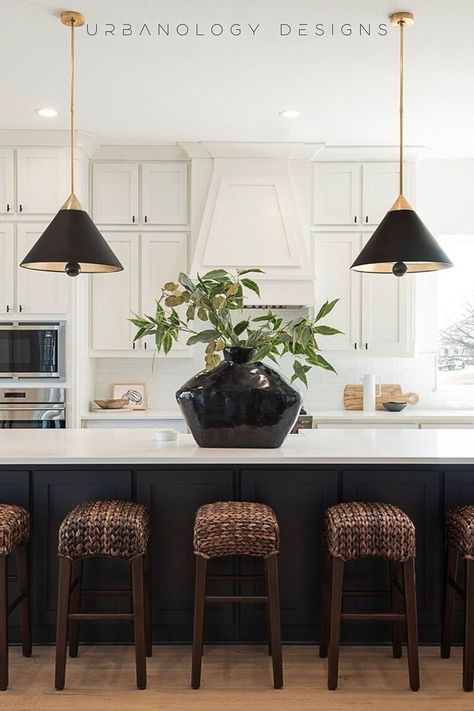 White Cabinets Contrasting Island, Dark Wood Stained Kitchen Island, Black Kitchen Islands With White Cabinets, White Kitchen With Dark Island Cabinets, Black Stain Kitchen Island, Dark Color Kitchen Island, Light Floor Dark Island, White Kitchen With Iron Ore Island, Charcoal Black Kitchen Island