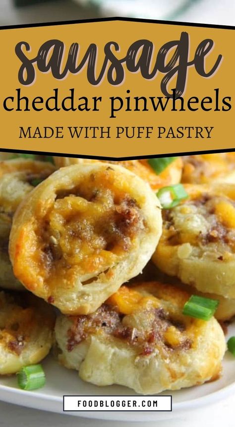 Puff Pastry Sausage Cheddar Pinwheels make a great game day snack. Filled with sausage and cheese they’re great for dipping and so easy to make! Sausage And Cream Cheese Pinwheels Crescent Rolls, Sausage Puff Pastry Breakfast, Puff Pastry Sausage Pinwheels, Sausage Egg And Cheese Puff Pastry, Buffalo Chicken Puff Pastry, Sausage In Puff Pastry, Savory Puff Pastry Recipes, Sausage Pinwheels, Cream Cheese Puff Pastry