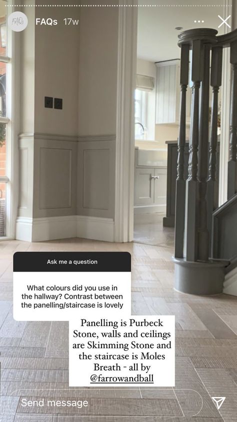 Stone Hallway, Stairs And Hallway Ideas, Hallway Panelling, Paint Color Combos, Skimming Stone, Stone Wall Panels, Hallway Colours, Purbeck Stone, Banquet Seating