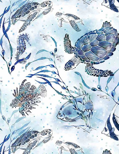 Beach Fabric, Cute Summer Wallpapers, Timeless Treasures Fabric, Ocean Treasures, Artistic Images, Original Art Prints, Blue Beach, Beautiful Watercolor, Summer Wallpaper