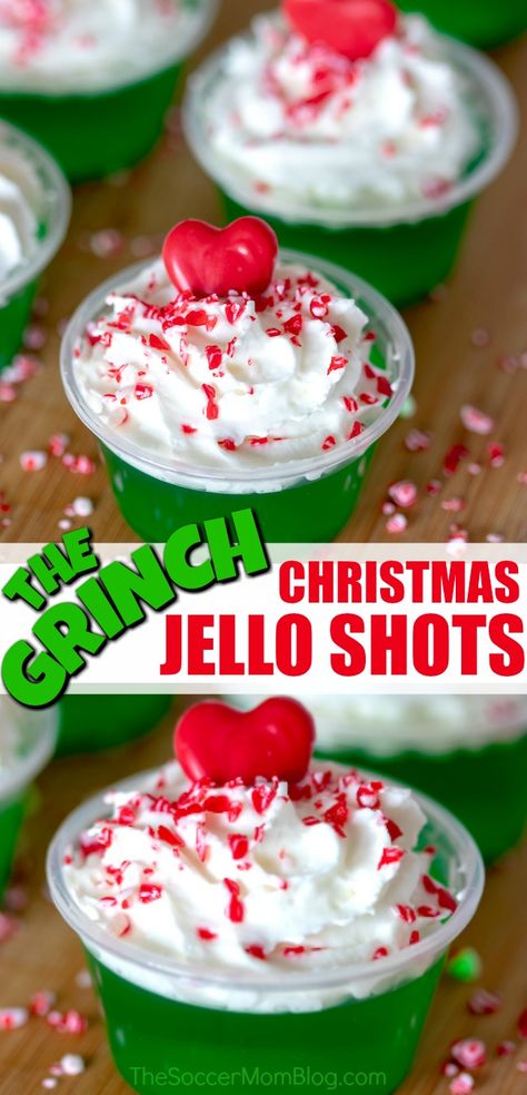 So much fun!! These Grinch Christmas Jello shots will be the hit of the holiday party!  #drinks #cocktails #Christmas #Christmasrecipes #recipes #holiday #desserts #jello #grinch Grinch Jello Shots, Grinch Jello, Christmas Dessert Drinks, Cocktails Christmas, Christmas Jello, Christmas Jello Shots, Holiday Party Drinks, Christmas Shots, Grinch Christmas Party