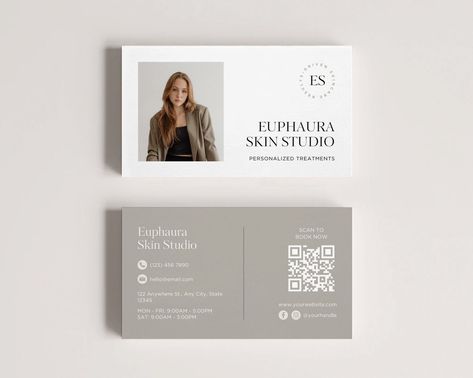 Esthetician Business Card Template | Canva | Skincare Printable Business Card | Medspa | Spa | Beautician | Esthetician Business Marketing logoart #logoonlineshop⚫. Business Card Information Layout, Aesthetics Business Cards, Canva Business Cards, Skincare Printable, Online Business Logo Design, Business Cards With Qr Code, Business Card Social Media, Esthetician Business Cards, Spa Business Cards