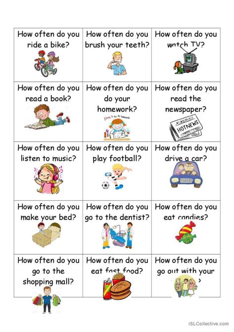 Question cards to work adverbs of frequency and practice speaking skill. I use the cards in the next way. Each classmate take a card and choose another classmate. He or she ask the question, the student that answer the question, then, chooses a card and choose another classmate to answer and so on. Adverbs Worksheet, Preposition Worksheets, Esl Games, Esl Vocabulary, Vocabulary Practice, Question Cards, Speaking Skills, Learn English Vocabulary, Teaching Jobs