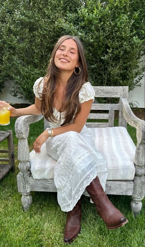 Cottage Fashion Aesthetic, Midi Dress Cowboy Boots Outfit, Summer Ranch Outfits, Boho Country Aesthetic, Sundress And Boots, Pilgrimage Festival, Oklahoma Fashion, Ranch Outfits, Traje Cowgirl