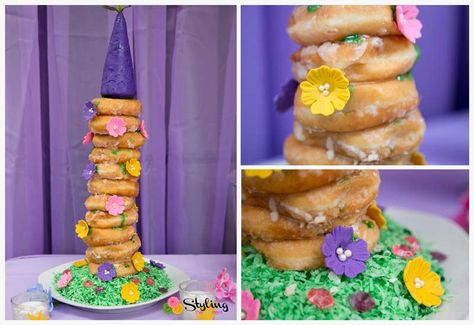 Donut cake at a Tangled birthday party! See more party ideas at CatchMyParty.com! Tangled Birthday Party Ideas, Rapunzel Cake, Donut Tower, Tangled Birthday Party, Rapunzel Birthday Party, Tangled Birthday, Rapunzel Disney, Rapunzel Party, Tangled Party