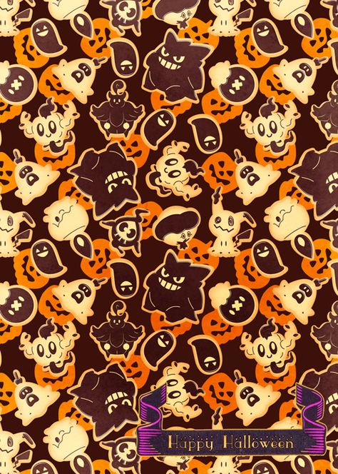 Mimikyu Iphone Wallpaper, Fall Pokemon Wallpaper, Pokemon Halloween Wallpaper, Mimikyu Background, Halloween Pokemon Wallpaper, Mimikyu Halloween Art, Iphone Wallpaper Pokemon, Pokemon Halloween, Ghost Pokemon