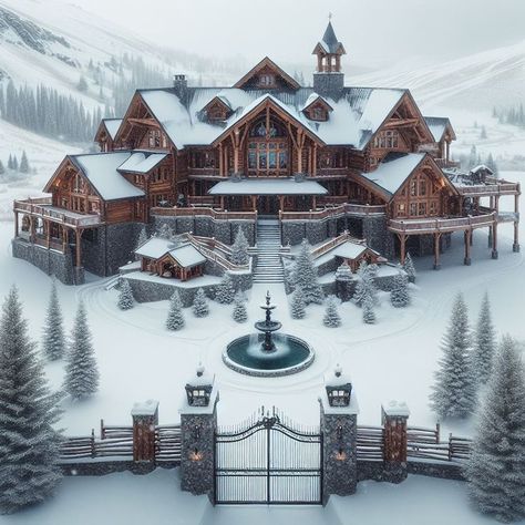 Winter Cabin Mansion Exterior, Winter Luxury House, Pack House Werewolf, Winter Chalet Exterior, Big Cabin Houses, Winter Cabin Mansion, Winter Cabin Exterior, Luxury Winter Cabin, Lodge Mansion