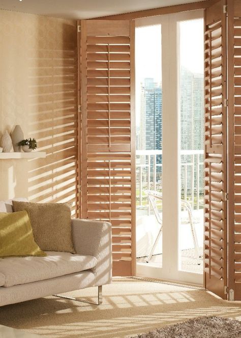 Taupe Shutters, Patio Door Shades, Patio Door Coverings, Patio Door Blinds, Wooden Window Shutters, Door Shades, Interior Window Shutters, Interior Simple, Door Coverings