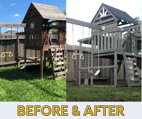 Playset Painting Ideas, Paint Playground Set, Swing Set Makeover, Playset Makeover, Swing Set Diy, Backyard Playset, Outdoor Play Structures, Outdoor Play Space, Backyard Kids Play Area