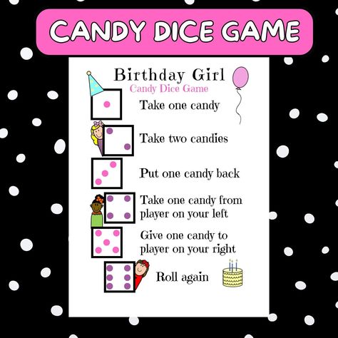 Game Fun Bday Candy roll the dice Group Game Printable Roll the Die Candy Holiday Kids Birthday Party Game Dice Fun Xmas group game Pdf Girl by DearLittlePrintables on Etsy Keep Pass Eat Candy Game, Party Games For Girls, Games For Birthday Party, Fun Birthday Party Games, Candy Dice Game, Party Games Kids, Girls Birthday Games, Girls Birthday Party Games, Classroom Party Games