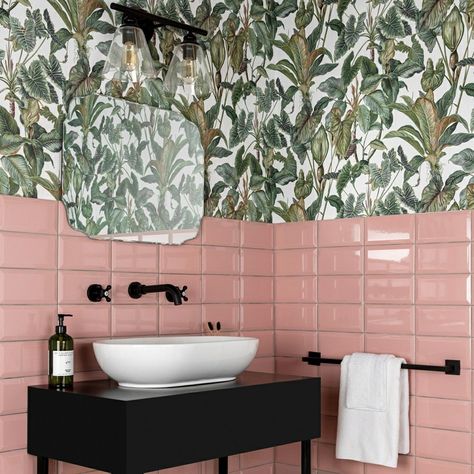 Barbiecore- Create Your Dreamhouse With Pink Interior Design Ideas - Walls and Floors Pink Tile Bathroom, Underground Subway, Pink Gloss, White Wall Tiles, Wall Feature, Metro Tiles, Downstairs Loo, Kitchen Walls, Downstairs Toilet