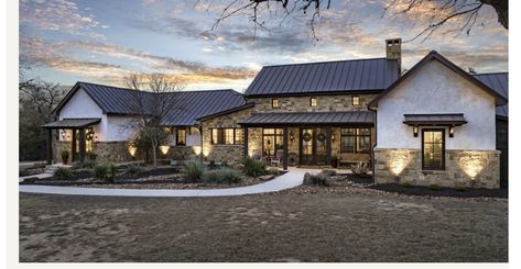 Woodsy House Exteriors, German Farmhouse, Texas Ranch Homes, Texas Hill Country House Plans, Contemporary Ranch Home, Texas Architecture, Limestone House, Texas Farmhouse, Retail Architecture