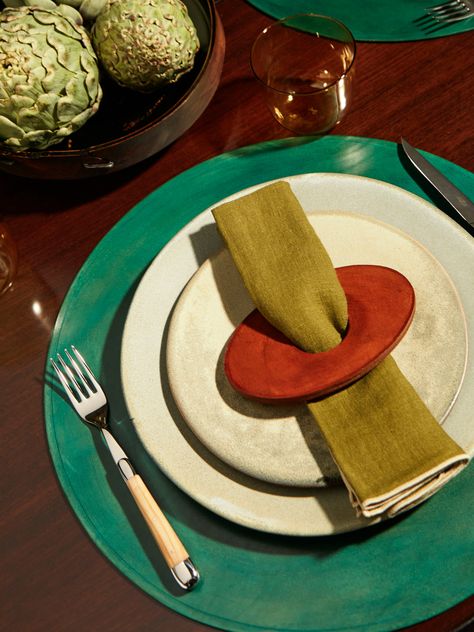 Peter Speliopoulos Projects - Hand-Stained Leather Napkin Rings (Set of 4) -  - ABASK Table Napkin Design, Fine Dining Table Setting, Dining Table Settings, Leather Napkin Rings, Colorful Table Setting, Room Maker, Leather Table, Table Setting Ideas, Table Napkin