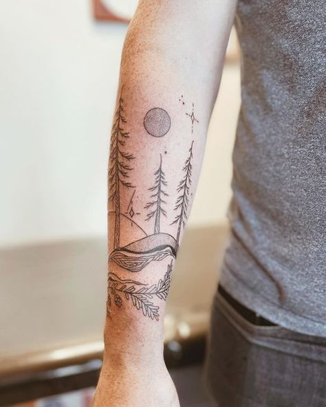 Tree Wrap Around Tattoo, Tofino Tattoo, Fine Line Tree Tattoo, Linus Blanket, Scenery Tattoo, Wrap Around Tattoo, Wrap Tattoo, Botanical Tattoo, Tree Tattoo