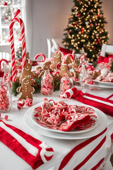 Playful Candy Cane and Sweet Treat Decor for a Fun Christmas Dining Table Candy Cane Table Decorations Easy Diy, Christmas Table Settings Gingerbread, Christmas Garland On Table, Kids Christmas Table Decorations, Christmas Dinner Table Set Up, Gingerbread Christmas Table Decor, Christmas Kids Table Decor, Candy Cane Table Decor, Gingerbread Table Decor