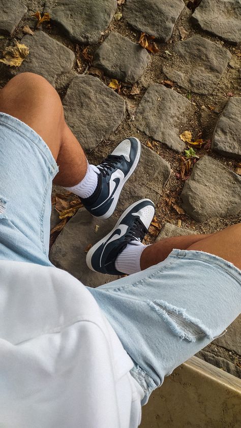 Navy Jordan 1 Outfit, Blue Sneakers Outfit, Jordan 1 Mid Outfit, Air Jordan 1 Mid Blue, Jordan 1 Mid Blue, Blue Outfit Men, Air Jordan 1 Blue, Navy Blue Outfit, Air Jordan Mid