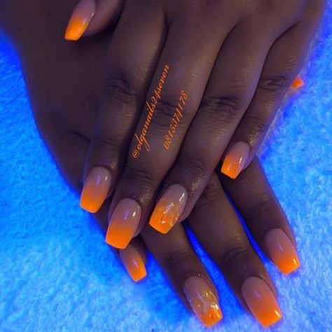 Neon Orange Ombre Acrylic Nails, Purple And Orange Nails Acrylic, Neon Orange Ombre Nails, Neon Orange Nail Ideas, Orange Prom Nails, Orange And Purple Nails, Purple And Orange Nails, Orange Ombre Nails, Neon Orange Nails