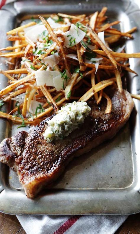 Steak Frites Recipe with Lemon Herb Butter Steak Frites Recipe, Lemon Herb Butter, Seared Salmon Recipes, Recipe With Lemon, Billy Parisi, Butter Steak, Steak Frites, Lemon Herb, Skirt Steak