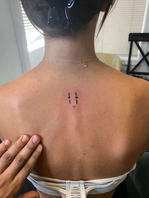 Ghibli Inspired Tattoo, Spot Sprite Tattoo, Ghibli Tattoo Minimalist, Earthy Tattoo Ideas, Movie Tattoos Minimalist, Small Earthy Tattoos, Studio Ghibli Tattoo Ideas, No Face Tattoo, Tattoo Movie