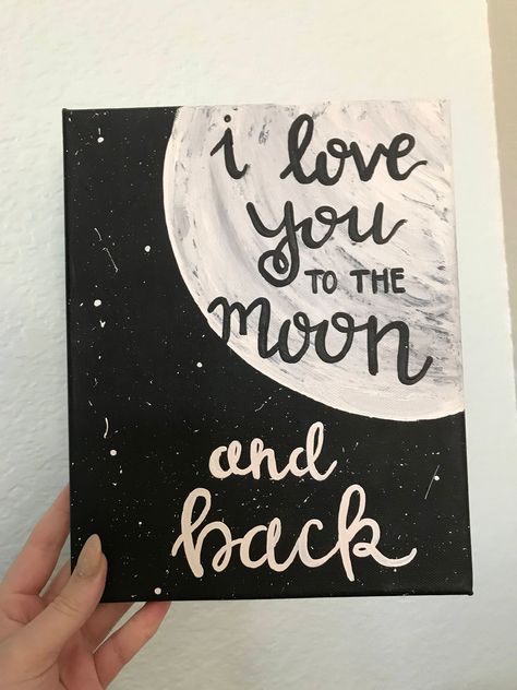 "\"I love you to the moon and back\" 8x10 canvas perfect gift for the special someone in your life! Hand painted & hand lettered! Due to the handpainted nature of each piece, no two pieces will be exactly alike. Coloring may vary slightly from what is pictured. Lettering may vary slightly as I hand letter my art and no stencils or vinyl is used.  **If you would like me to add a date on the canvas, (ie wedding anniversary date) please leave a note to seller with the date and how you would like it Art Mini Toile, Disney Canvas Art, Wall Art Love, Disney Canvas, Canvas Art Quotes, Love Decor, Love Moon, Simple Canvas Paintings, Diy Letters