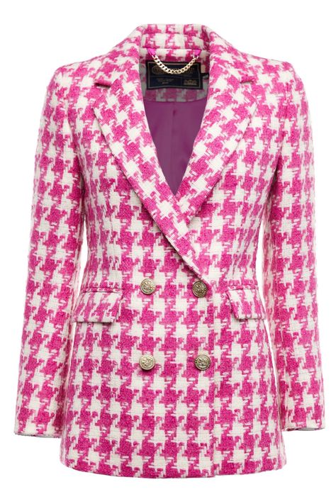 Holland Cooper | Double Breasted Hot Pink Large Scale Houndstooth Blazer | Autumn • Winter Fashion Pink Houndstooth Blazer Outfit, Houndstooth Blazer Outfit, Pink Capsule Wardrobe, Luxury Houndstooth Winter Outerwear, Spring Houndstooth Double-breasted Outerwear, Pink Houndstooth, Tailored Double-breasted Houndstooth Outerwear, Luxury Long-sleeve Houndstooth Blazer, Holland Cooper