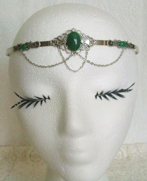 Green Agate Circlet This beautiful circlet has metal chain, sterling silver plated accents, sterling silver plated pendant and green agate settings. Adjustable. Celtic Headpiece, Taurus Cosplay, Wicked Broadway, Celtic Green, Jewelry Victorian, Elven Jewelry, New Plymouth, Edwardian Art, Turquoise Jewelry Native American