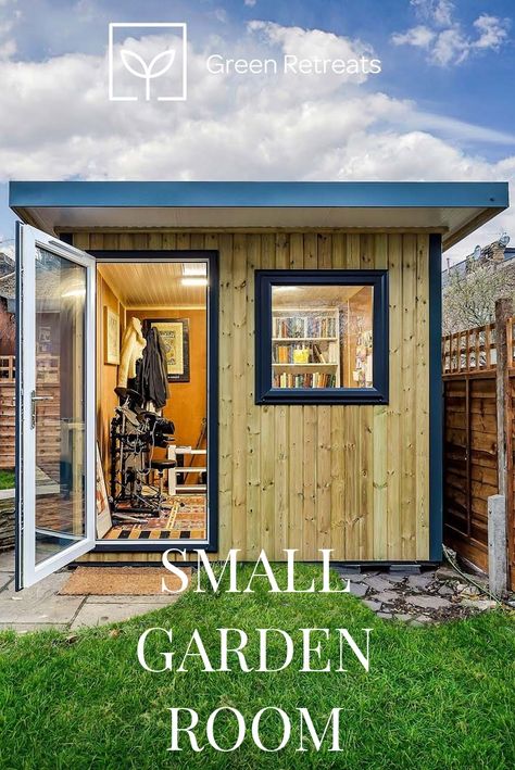 Summer House Ideas Garden, Small Garden Studio, Small Garden Office Ideas, Garden Room Interiors Ideas, Small Summer House Ideas, Small Garden Gym, Small Garden Office Pod, Garden Room Ideas Interior Design, Garden Rooms Outdoor Spaces