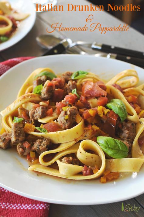 Italian Drunken Noodles with Pappardelle noodles swimming in a spicy pepper sausage sauce that is so good you'll want to sop up every bit of sauce left of the plate. This is a fusion of Thai and Italian cuisine. So good you'll want to make it often. #drunkennoodles, #Italiandrunkennoodles, #homemadepappardellerecipe, #howtomakepappardellepasta Pappardelle Recipes Sausage, Drunken Italian Sausage Noodles, Pappardelle With Italian Sausage, Braised Beef Pappardelle, Giant Filled Pappardelle, Homemade Pappardelle, Italian Drunken Noodles, Pappardelle Recipe, Beautiful Meals