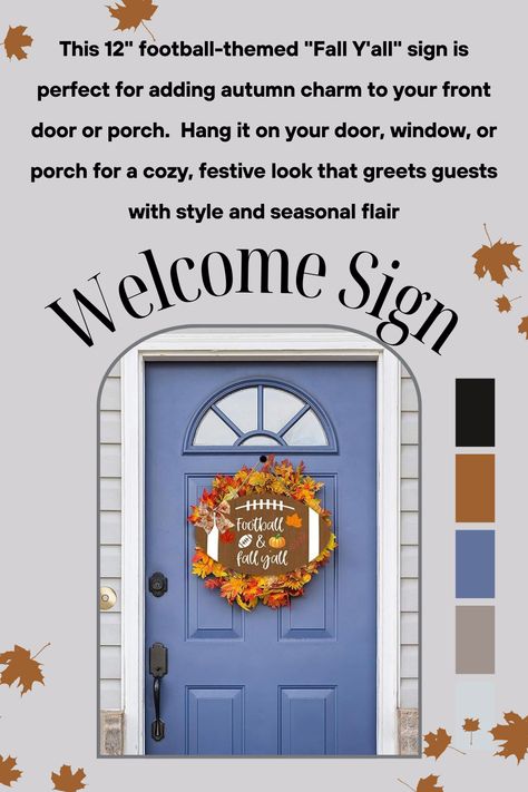 Celebrate fall with this 12” football-themed welcome sign, perfect for your front door or porch. Made from durable wood, it adds charm and warmth to your entryway. Ideal for fall, Thanksgiving, and creating a welcoming, festive atmosphere. 
#FallDecor #FootballWelcomeSign #FrontDoorDecor #ThanksgivingDecor #FarmhouseStyle #AutumnVibes #FallYallSign #CozyPorch #OutdoorFallDecor #HarvestHome Fall Welcome Sign, Holiday Yard Decor, Football Wreaths, Fall Front Porch Decor Ideas, Thanksgiving Harvest, Front Door Sign, Autumn Home Decor, Football Wreath, Fall Football